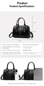 Detailed size specifications for a pleated shoulder bag including iPad size comparison