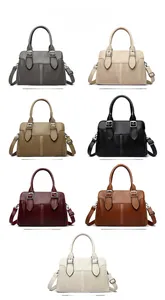 Detailed comparison of seven leather handbags in grey, apricot, khaki, black, red, and brown