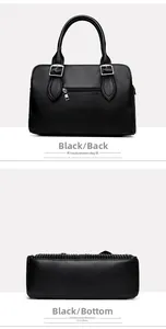 Detail view of black lychee leather handbag showing back zipper pocket and bottom texture