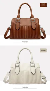 Detail view of yellow brown and cream white textured handbags with pleated design