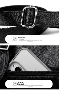 Detail of adjustable metal buckle and back zipper pocket on black lychee leather bag