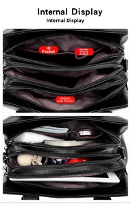 Internal display of black leather handbag with multi-compartment lining for storage