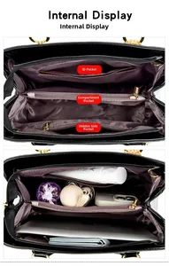 Macro detail of spacious internal compartments in glossy black faux crocodile bag