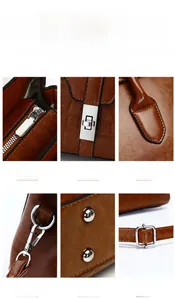 Détails du sac à main marron montrant les fermetures éclair et les clous métalliques