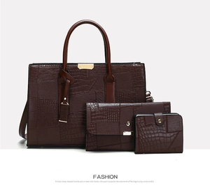 Three-piece dark brown faux crocodile leather tote bag set with golden hardware details