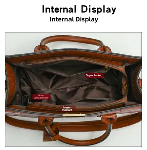 Internal view of brown embossed tote bag with large capacity and organized pockets