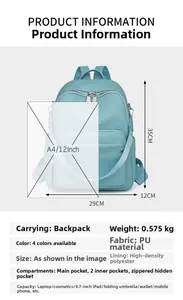 Detail of light blue PU leather backpack with lychee texture and large internal capacity