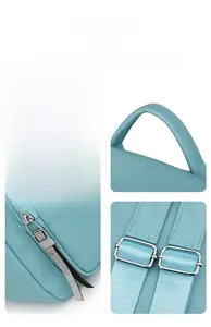 Close-up of sky blue faux leather backpack with silver zippers and adjustable straps