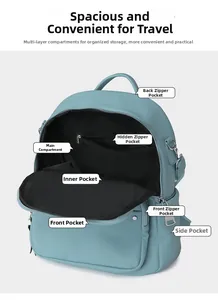 Detailed view of the multi-compartment interior and functional pockets of the light blue backpack