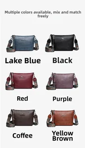 Sechs bunte Beuteltaschen aus PU-Leder mit Schultergurten im ethnischen Webmuster-Stil