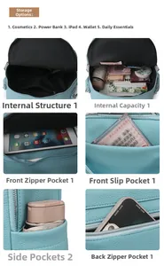 Detail view of large capacity blue leather backpack with multiple storage compartments