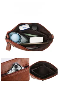Detailsicht der großen Innenfächer und hinteren Reißverschlusstasche der braunen Beuteltasche