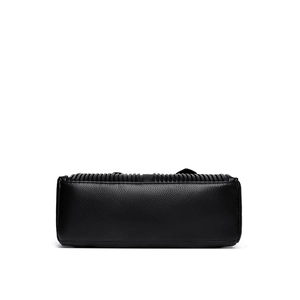 Bottom view of large black leather shoulder bag with pebbled texture and reinforced stitching