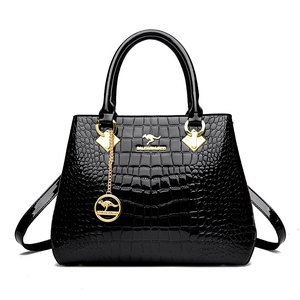 Glossy black crocodile pattern handbag with golden hardware and kangaroo logo on front