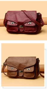 Detail view of burgundy and brown oil wax leather crossbody bags with metal turn-lock pockets