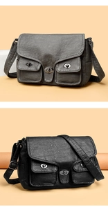 Detail of vintage faux leather baguette bags with triple lock pockets and adjustable straps