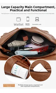 Detail view of large capacity brown leather bag interior with multiple compartments