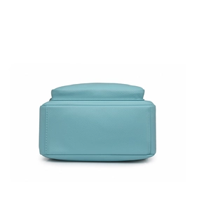Detail view of the light blue lychee pattern leather base with neat stitching craftsmanship