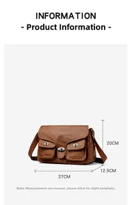 Detailed size chart for brown faux leather baguette bag showing dimensions 27x20x12.5 cm