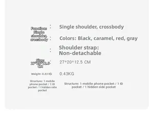 Detailed spec chart for crossbody baguette bag showing size, weight and internal structure