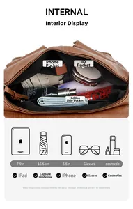 Detail view of the brown leather bag interior showing compartments and storage capacity