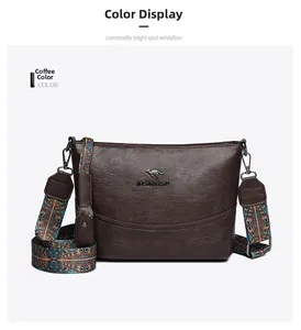 Details der kaffeebraunen Ledertasche mit breitem Schultergurt im Boho-Stil
