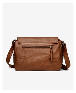 Close-up of the vintage brown faux leather texture and back zipper pocket on the shoulder bag