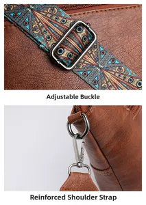 Detailansicht der braunen Ledertasche mit verstellbarem Boheme-Gurt und silberner Schnalle