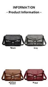 Detail of vintage PU leather crossbody bags in black, gray, tan, and red colors