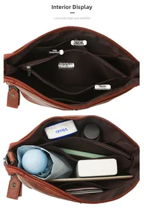 Innenansicht der braunen Leder-Beuteltasche mit Fächern und großem Stauraum für Utensilien