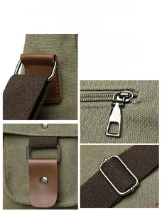 Detail showing army green canvas fabric with leather accents and silver hardware