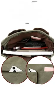 Detail view of large capacity canvas crossbody bag showing interior and functional pockets