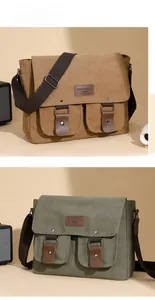 Detail view of khaki and olive canvas messenger bags with adjustable straps and logo tags