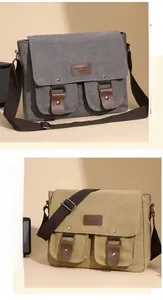 Close-up of canvas messenger bag detailing retro buckles and adjustable shoulder straps