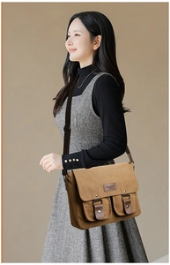 Brown canvas messenger bag detail showing reinforced wide strap and side view on model