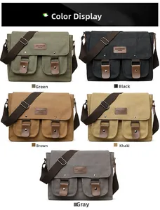Detail showing five canvas messenger bags in green, black, brown, khaki, and grey
