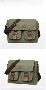 Detail view of army green canvas messenger bag with leather accents and adjustable strap