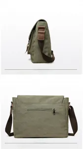 Olive green canvas messenger bag showing front side view and back zip pocket details