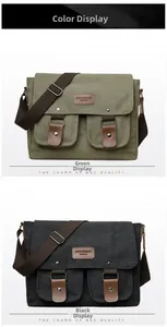Detail view of military green and black canvas messenger bags with leather logo patch