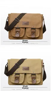 Detail showing vintage canvas messenger bags with leather flip covers and magnetic buckles