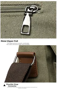 Detail of army green canvas bag featuring smooth metal zippers and durable strap buckles