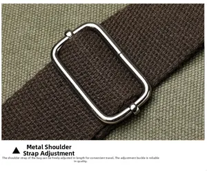 Detail of adjustable brown woven strap and silver buckle on olive canvas bag