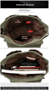 Detail view of military green canvas bag interior showing multiple functional pockets