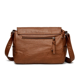 Brown vintage faux leather baguette bag with a functional back zipper pocket and wide strap