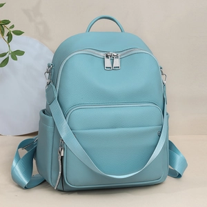 Women Backpack Litchi Grain PU Leather Fashion Large Capacity Travel School Bag Minimalist Versatile Wear Resistant Silver Zipper