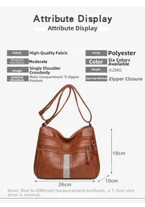 Detail view of brown soft leather crossbody bag with dual main pockets and weight specs