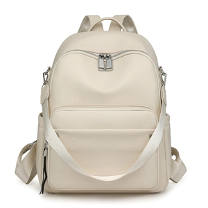 Minimalist beige faux leather backpack for women with large front pocket and silver hardware