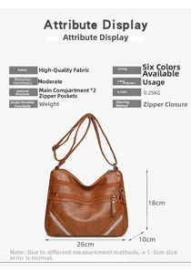 Dettagli della borsa a tracolla marrone con doppie tasche zip e tabella delle dimensioni