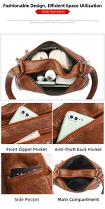 Detail view of large capacity brown pebbled leather bag with multiple zipper compartments