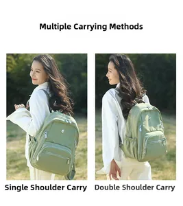 Sac à dos en nylon vert imperméable montrant les styles de portage et sa grande capacité